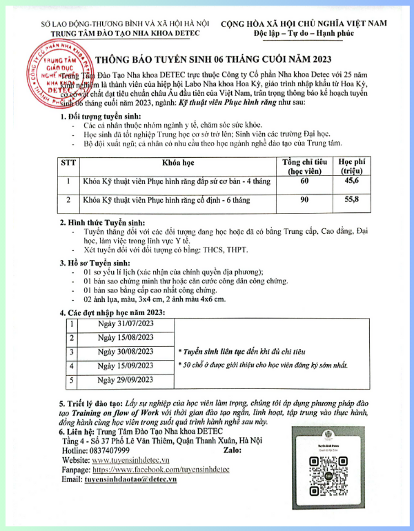 THÔNG BÁO TUYỂN SINH 06 THÁNG CUỐI NĂM 2023